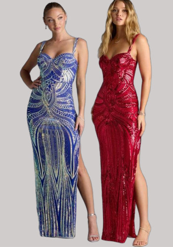 Women's Sequin Pattern Sexy Strap Formal Party Evening Gown