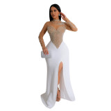 Women Solidmesh Beaded Slit Maxi Dress