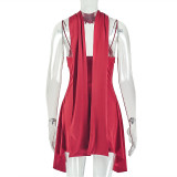 Women Pleated Solid Sexy Halter Neck V-Neck Sleeveless Dress