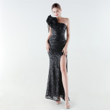 Women's Feather One-Shoulder Sequin Fitted Mermaid High Slit Formal Party Evening Gown