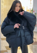 Women Autumn/Winter Long-Sleeve Detachable Fur Collar Patchwork Tie-Up Jacket