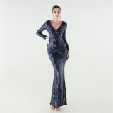 Women Long Sleeve Sequined Formal Party Evening Dress