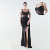 Women Herringbone Mesh Beaded Formal Party Evening Dress