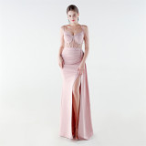 Women Herringbone Mesh Beaded Formal Party Evening Dress