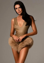 Women Autumn/Winter Sexy V-Neck Pu-Leather Slip-on Jumpsuit