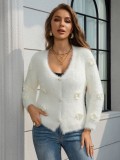 Autumn Winter Women's V-Neck Floral Knit Cardigan