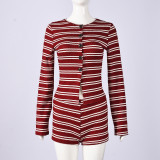 Women Autumn Striped Long-Sleeved Top and Shorts Two-Piece Set
