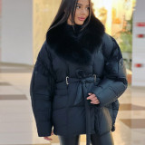Women Autumn/Winter Long-Sleeve Detachable Fur Collar Patchwork Tie-Up Jacket