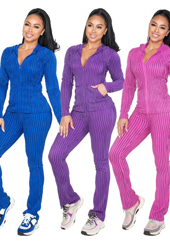 Autumn Winter Women's High Stretch Ribbed Print Hooded Pocket Casual Sport Homewear Set