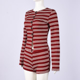 Women Autumn Striped Long-Sleeved Top and Shorts Two-Piece Set