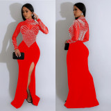 Women Solidmesh Beaded Slit Maxi Dress