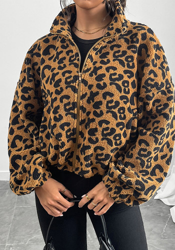 Women Autumn/Winter Zipper Leopard Print Furry Jacket