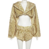 Women Winter Sexy Fur Turndown Collar Crop Top Shorts Two-Piece Set
