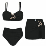 Women's High-Waist Bottoms Three-Piece Set Solid Color Bikini Swimwear