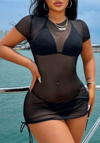 Women's Black Mesh See-Through Sexy Cover-Up Two Pieces Bikini Three-Piece Swimwear