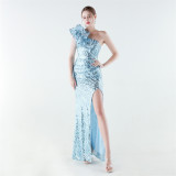 Women's Feather One-Shoulder Sequin Fitted Mermaid High Slit Formal Party Evening Gown
