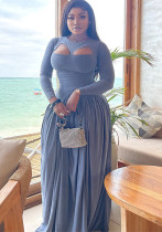 Women's Autumn Fashion Elegant Solid Color Long Sleeve Hollow-out A-line Dress