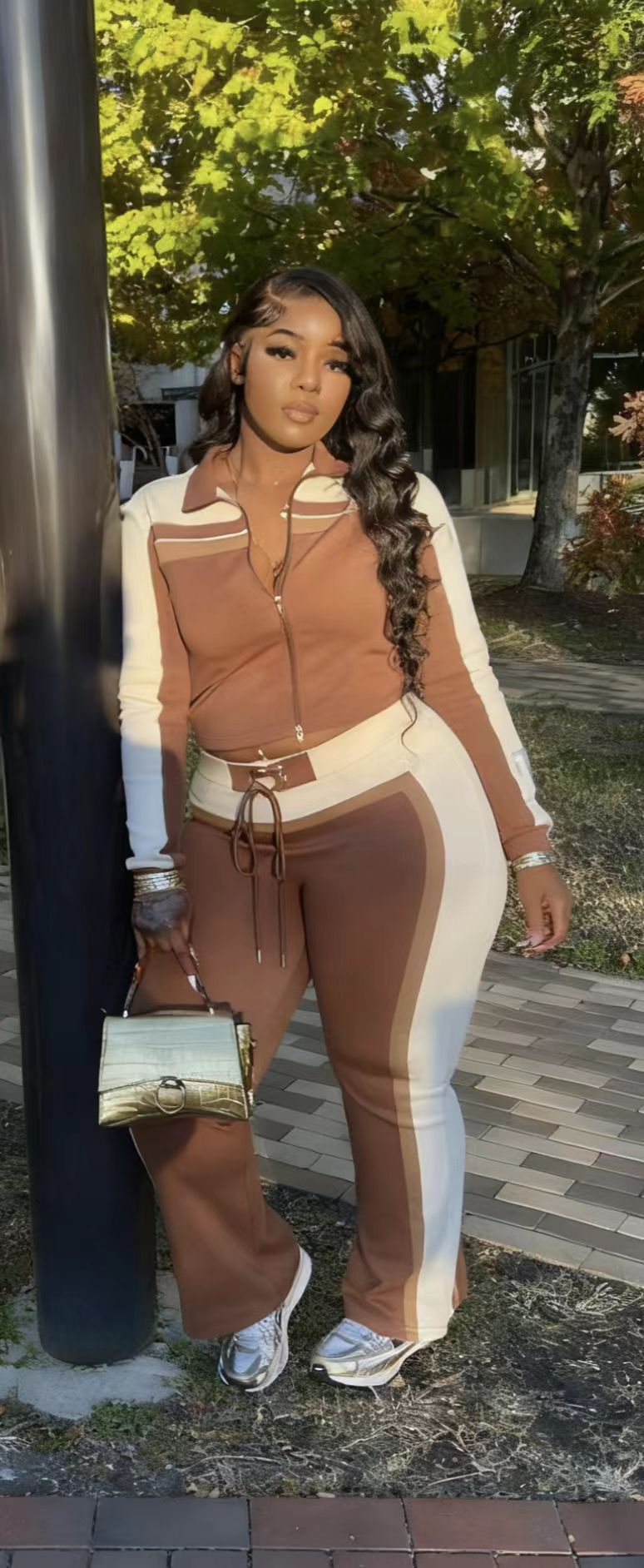 Women's Sexy Fashion Long Sleeve Color-Block Two-Piece Pants Set