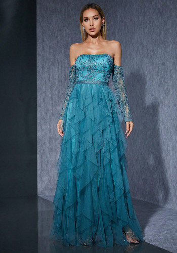 Women's Off Shoulder Mesh Luxury Ball Evening Gown Dress