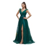 Women's Dark Green V-Neck Mesh Slit Chic Party Sequin Evening Gown Dress
