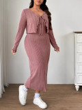 Plus Size Women's Autumn/Winter Tie-Detail Knitting Coat Strap Dress Two-Piece Set