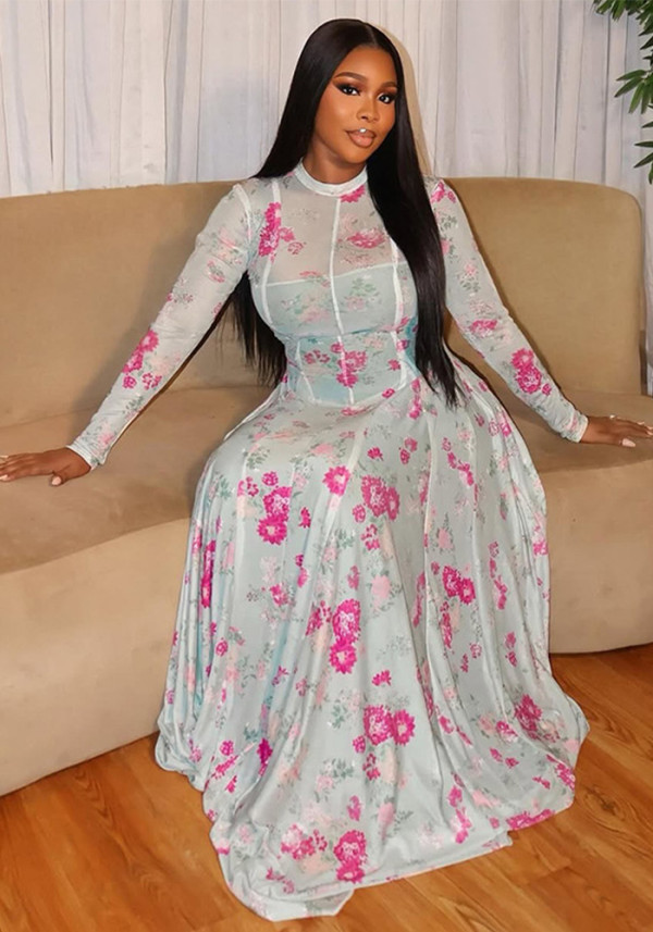 Women's Pleated Print Round Neck Long Sleeve Slim Waist A-Line Dress