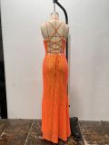 Women's Fashion Sexy Strap Low Back High Slit Sequin Evening Dress