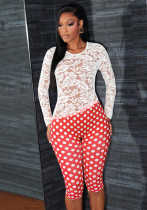Women's Retro Long Sleeve Low Back Lace Top Polka Dot One-Piece Capri Pants