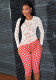 Women's Retro Long Sleeve Low Back Lace Top Polka Dot One-Piece Capri Pants