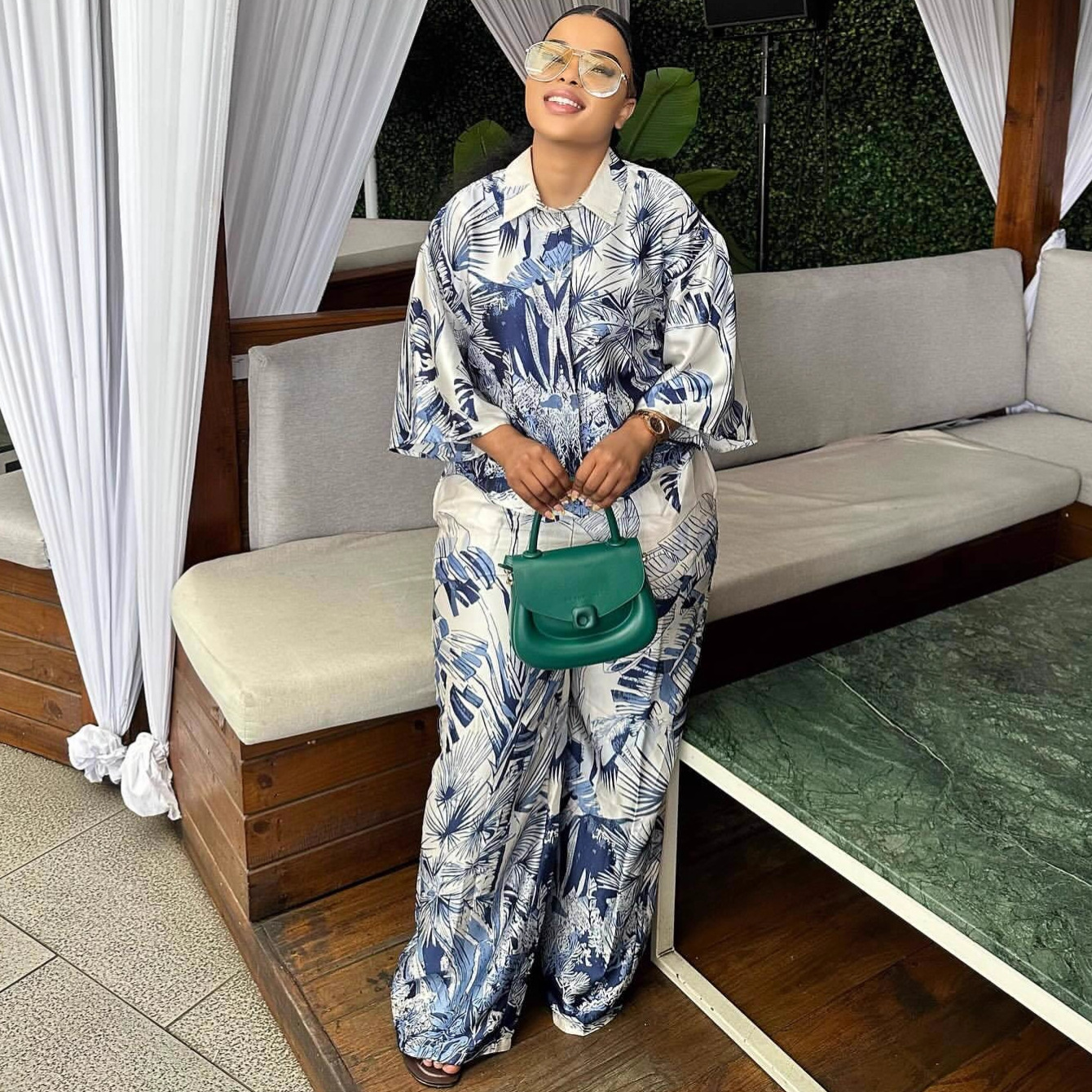 Plus Size Women's African Casual Slim Fit Chic Elegant Turndown Collar Printed Shirt Pants Two-Piece Set