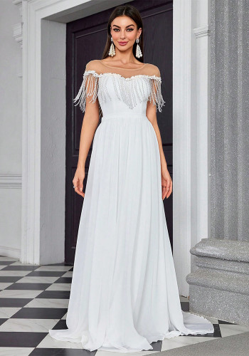 Women's White Small Train Beach Church Wedding Dress Formal Party Ball Gown