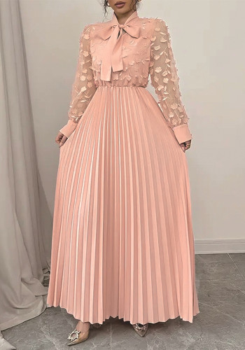 Plus Size Women's Spring/Autumn Solid Color Mesh Patchwork Pleated Elegant Dress