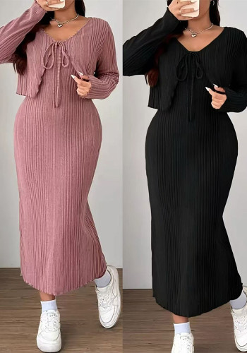 Plus Size Women's Autumn/Winter Tie-Detail Knitting Coat Strap Dress Two-Piece Set