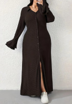Plus Size Women's Turndown Collar Single-Breasted Knitting Slim Bodycon Slit Long Dress