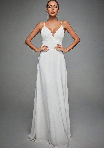 Women's V-Neck Strap Lace Low Back Formal Party Bridesmaid Evening Gown