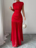 Women's Solid Color Slim Waist Pleated Long Elegant Dress