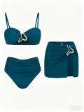 Women's High-Waist Bottoms Three-Piece Set Solid Color Bikini Swimwear