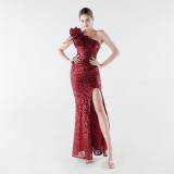 Women's Feather One-Shoulder Sequin Fitted Mermaid High Slit Formal Party Evening Gown