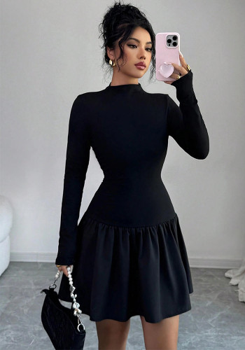 Women's Autumn/Winter Chic Black Semi-High Neck Long Sleeve Slim Waist A-line Short Dress