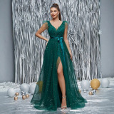 Women's Dark Green V-Neck Mesh Slit Chic Party Sequin Evening Gown Dress