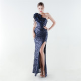 Women's Feather One-Shoulder Sequin Fitted Mermaid High Slit Formal Party Evening Gown