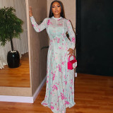 Women's Pleated Print Round Neck Long Sleeve Slim Waist A-Line Dress