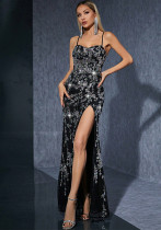 Women's Black Sequin Strap Slim Evening Gown Slit Ball Gown