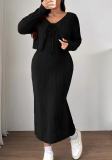 Plus Size Women's Autumn/Winter Tie-Detail Knitting Coat Strap Dress Two-Piece Set