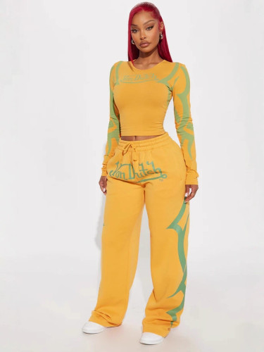 Women's Autumn/Winter Casual Sporty Print Color-Block Fashion Two-Piece Pants Set