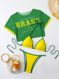 Women's Short Sleeve Slim Print T-shirt Sexy Two Pieces Bikini Two Three-Piece  Swimsuit