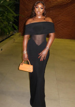 Women's Mesh Semi-Sheer Sexy Solid Color Off-Shoulder Long Dress