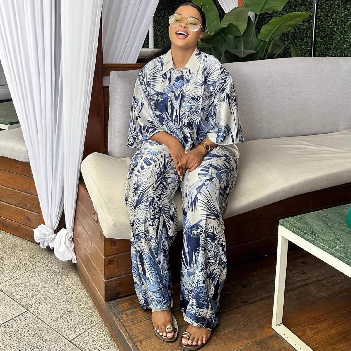 Plus Size Women's African Casual Slim Fit Chic Elegant Turndown Collar Printed Shirt Pants Two-Piece Set