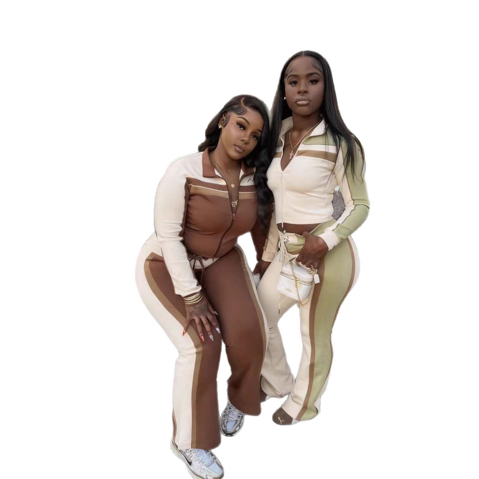 Women's Sexy Fashion Long Sleeve Color-Block Two-Piece Pants Set