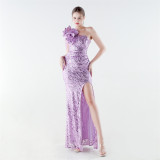 Women's Feather One-Shoulder Sequin Fitted Mermaid High Slit Formal Party Evening Gown